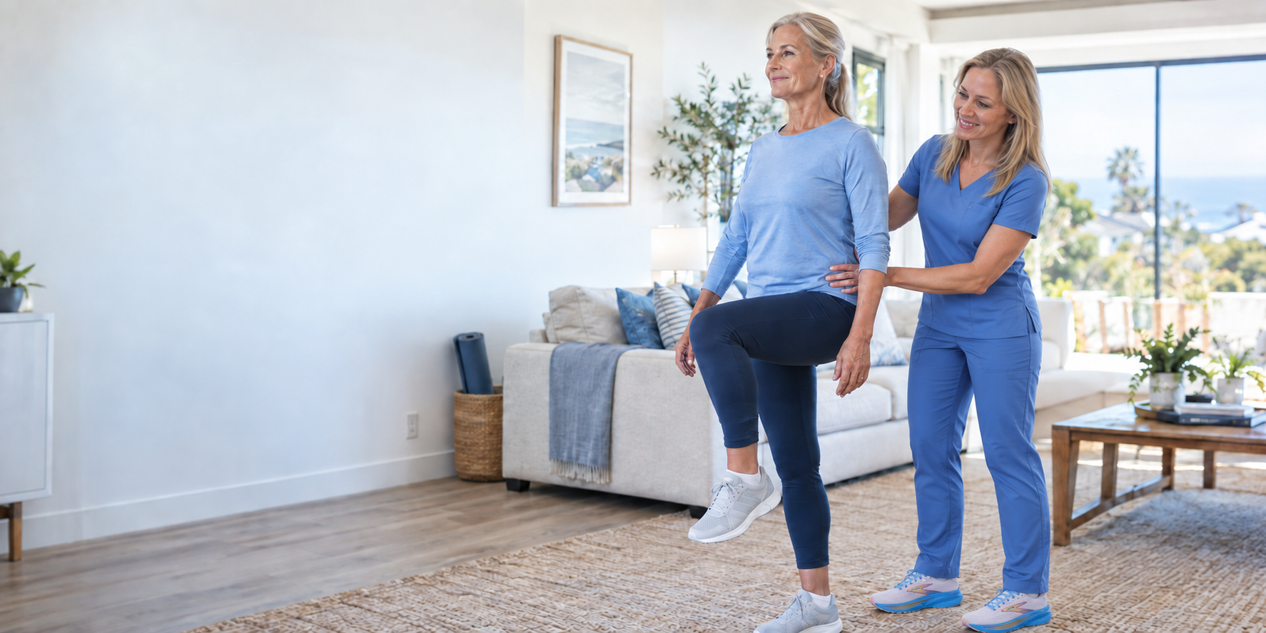 A physical therapist guiding a client through a standing mobility exercise at home